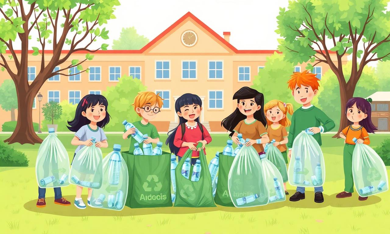Students collecting plastic bottles for recycling at school